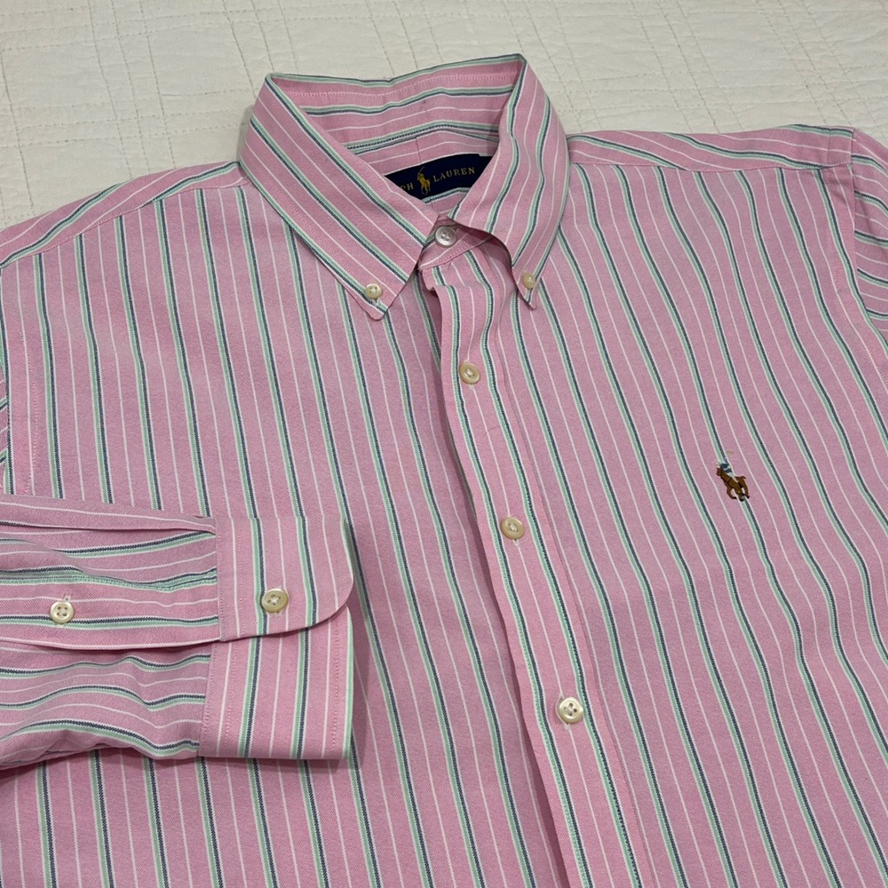 Ralph Lauren Mens Large Pink Green Striped Oxford Button Down Shirt Long Sleeve